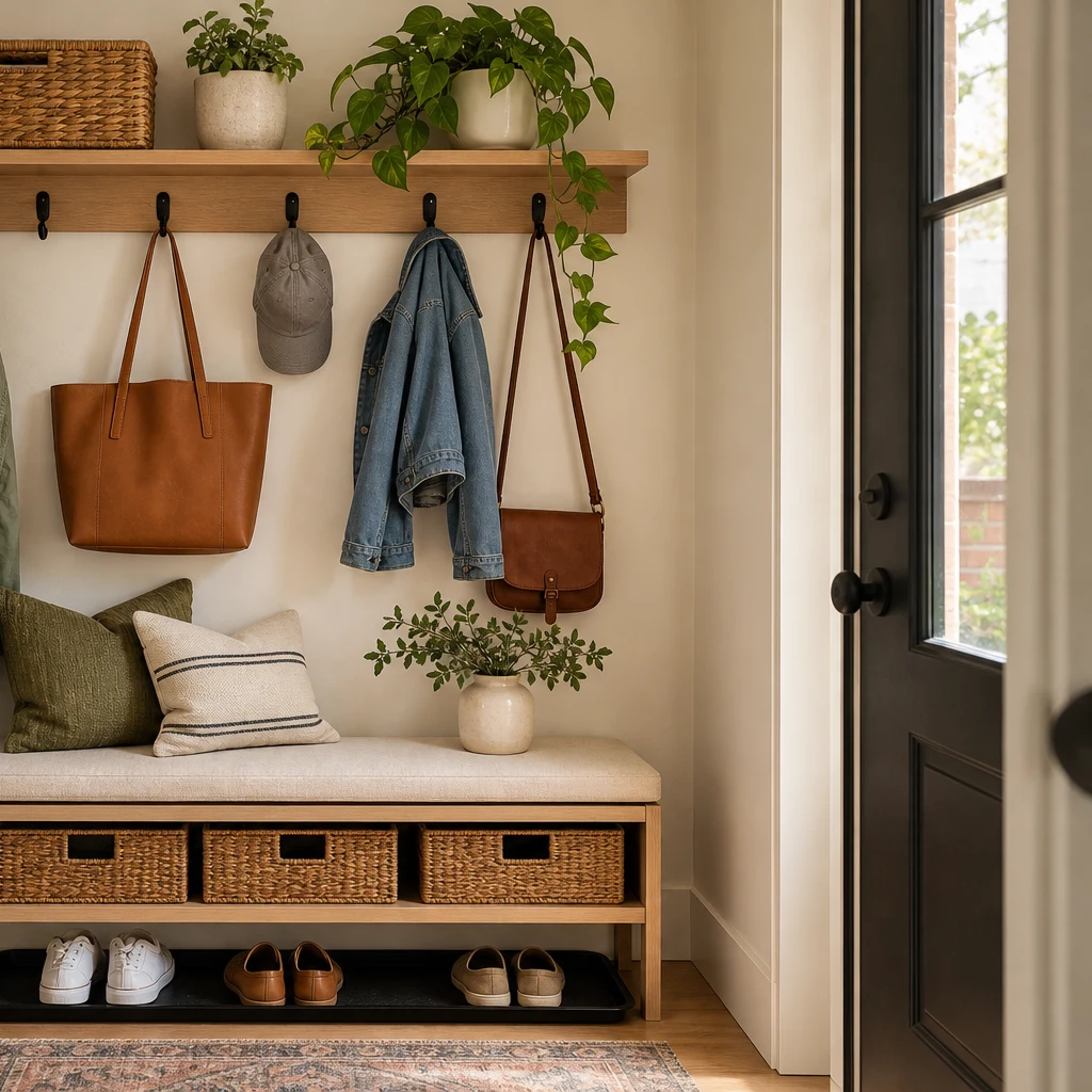 Small entryway drop zone with hooks, baskets, bench, shoe storage, plants, and everyday bags
