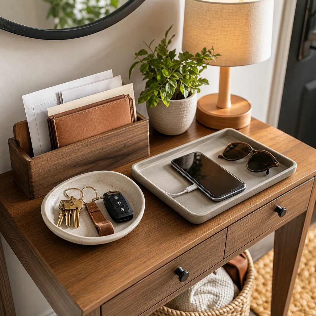 Entryway command station with key dish, mail sorter, phone tray, plant, lamp, and storage baskets