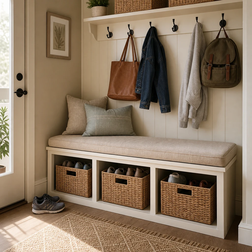 Small entryway storage bench with woven baskets, wall hooks, bags, coats, and shoe cubbies