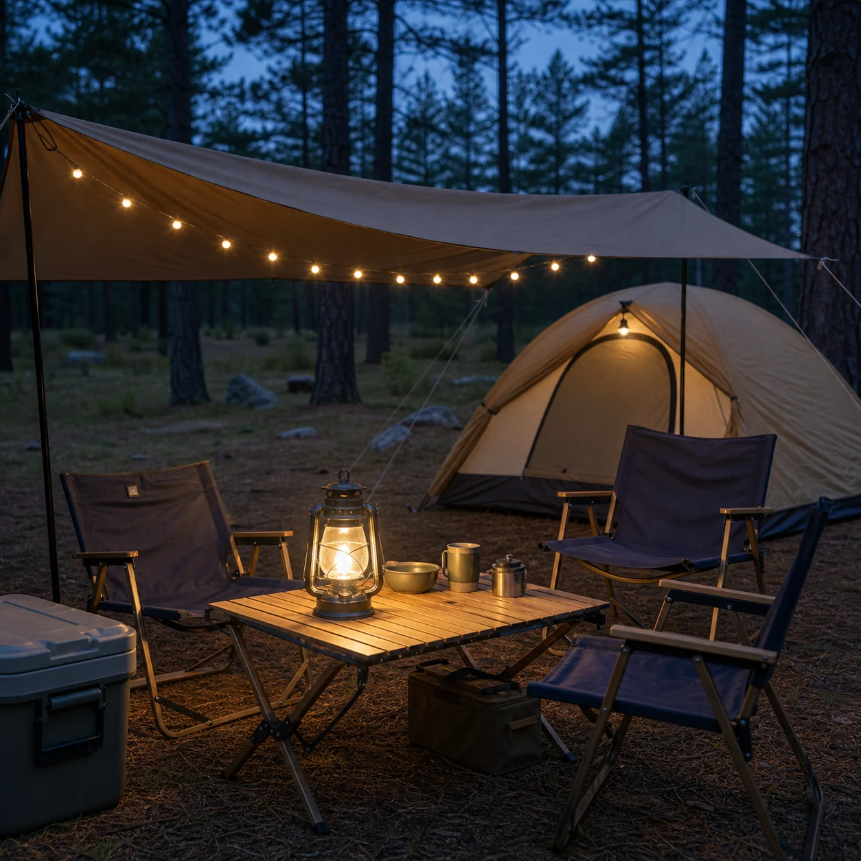 Beginner campsite with tarp, lantern, chairs, and soft evening lighting
