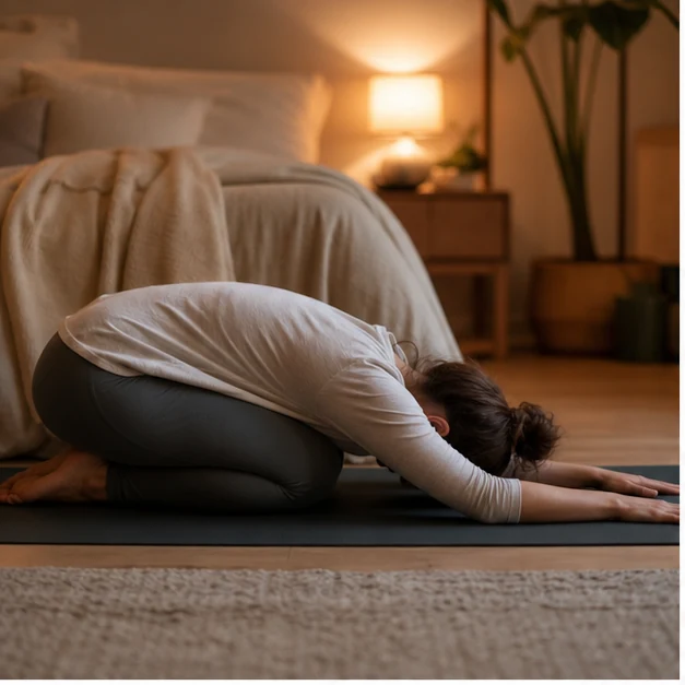 Person doing child pose on a yoga mat in warm evening light