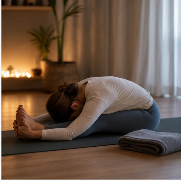 Person doing a seated forward fold on a yoga mat in warm evening light