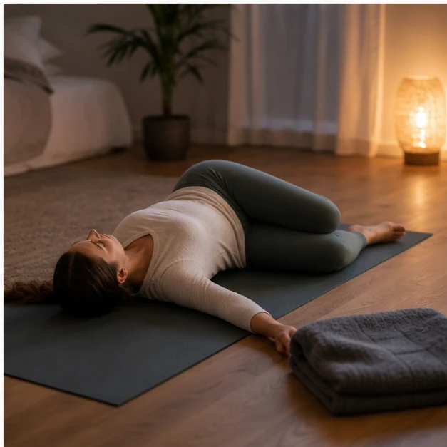 Person doing a supine twist on a yoga mat during an evening routine