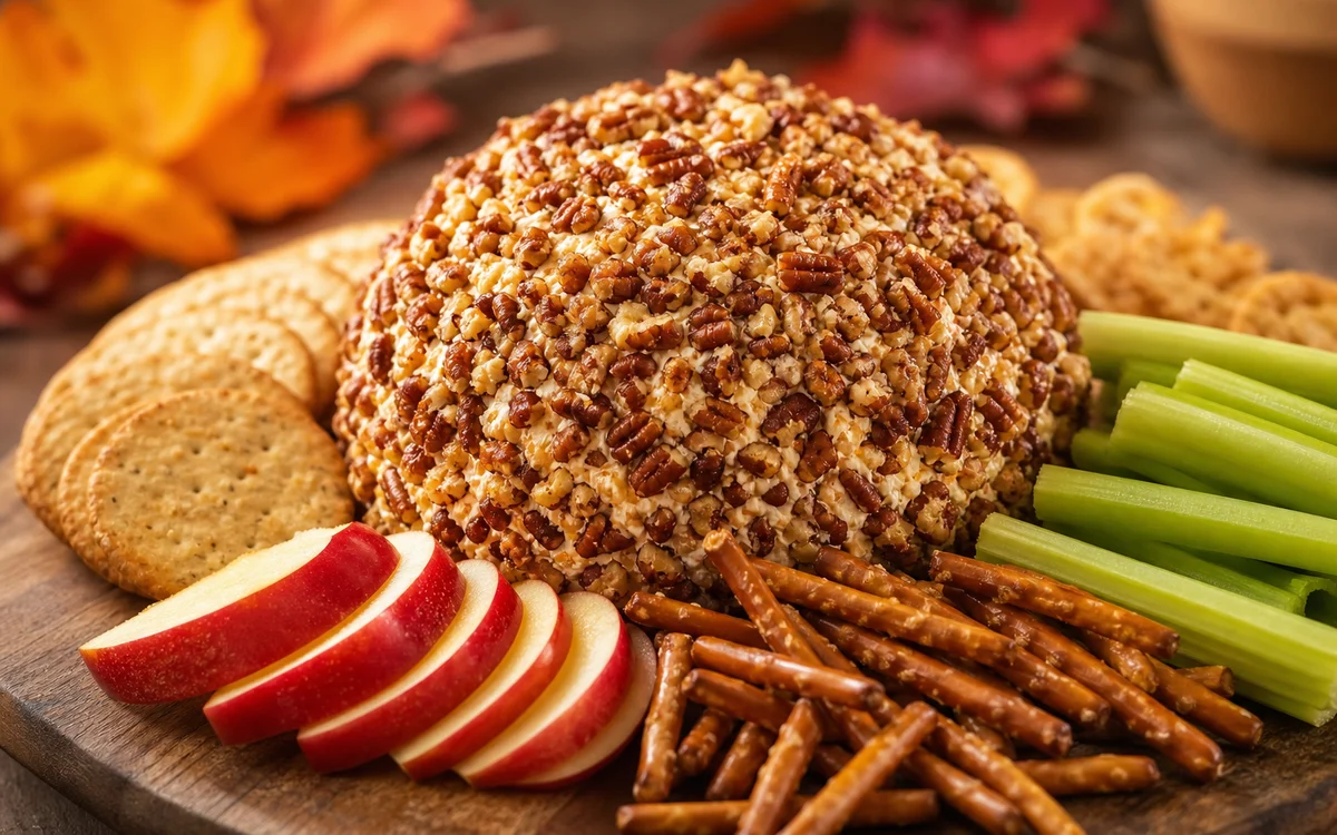 Fall cheese ball appetizer with pecan coating surrounded by crackers and autumn dippers