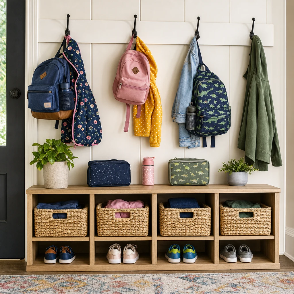 Family entryway drop zone with individual hooks, backpacks, jackets, baskets, and shoe cubbies