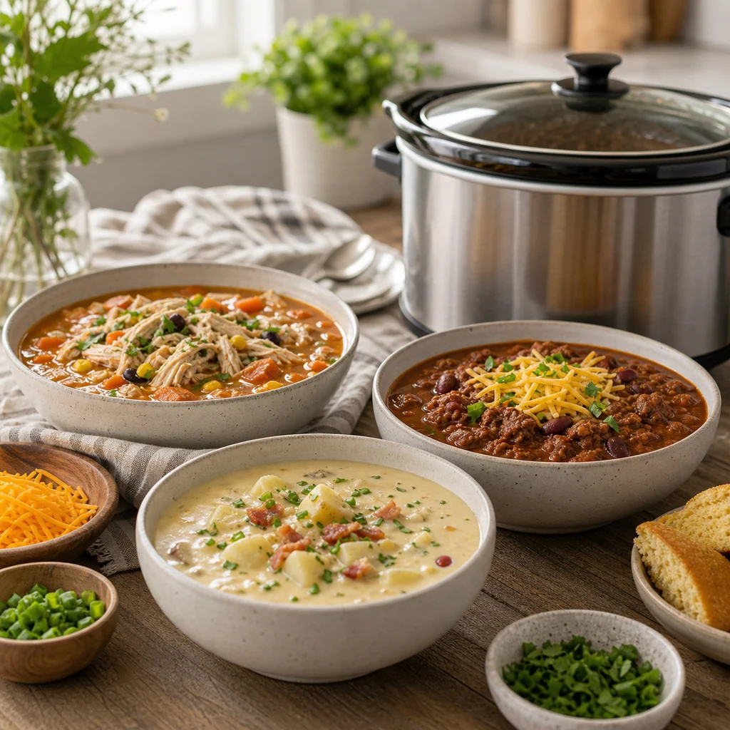 Finished crockpot dinners served in bowls including chicken stew, beef chili, and creamy potato soup