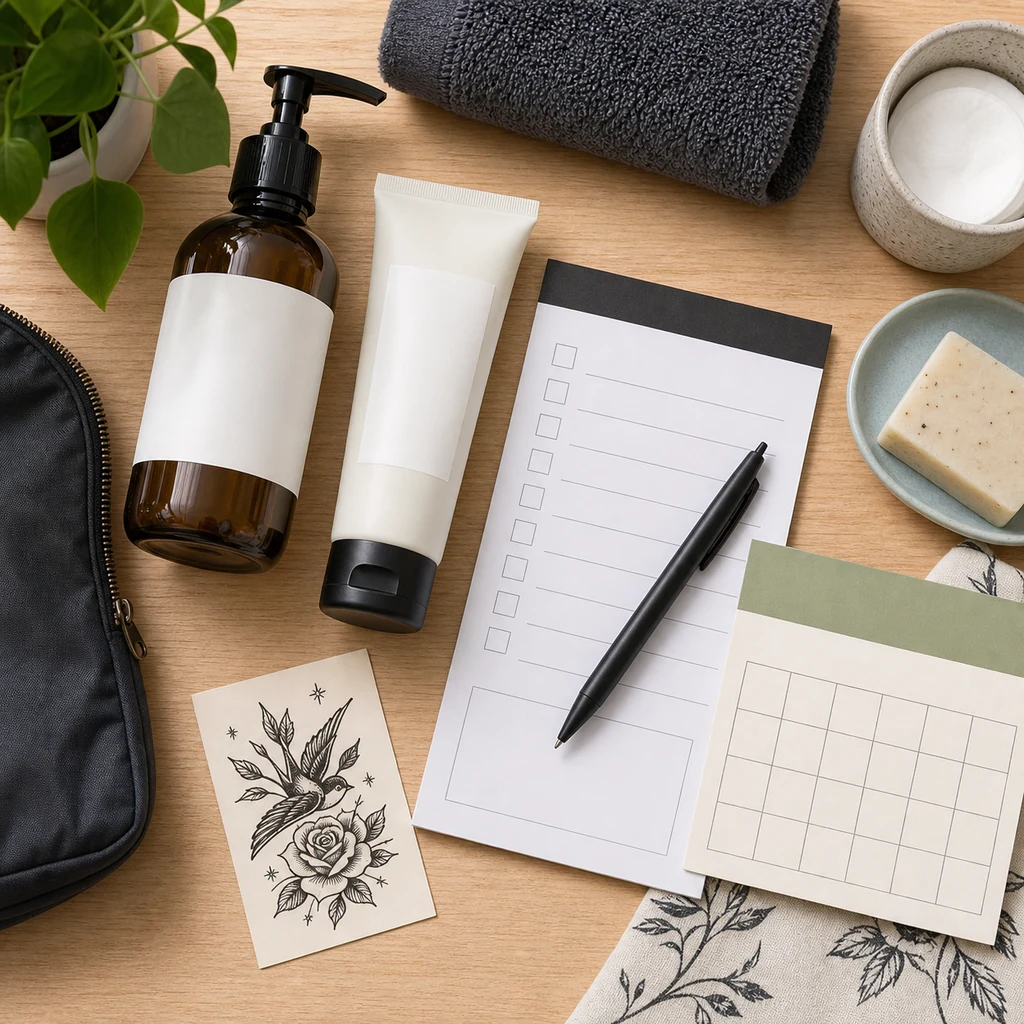 First tattoo aftercare planning supplies with blank checklist and unscented lotion