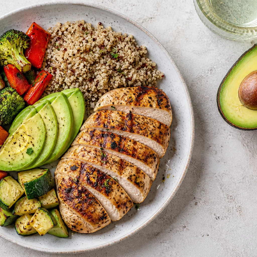 Balanced plate with grilled chicken, quinoa, and vegetables for sustainable fat loss