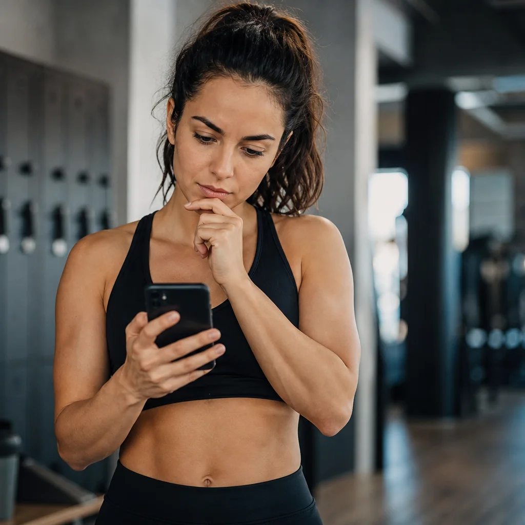 Woman reviewing fitness advice thoughtfully at the gym