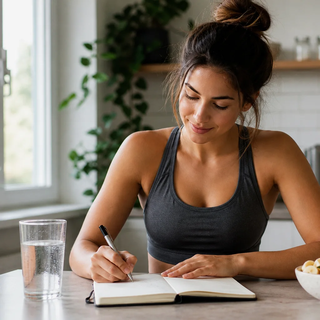 Woman tracking weight trends in a journal with water and fresh fruit after a weekend