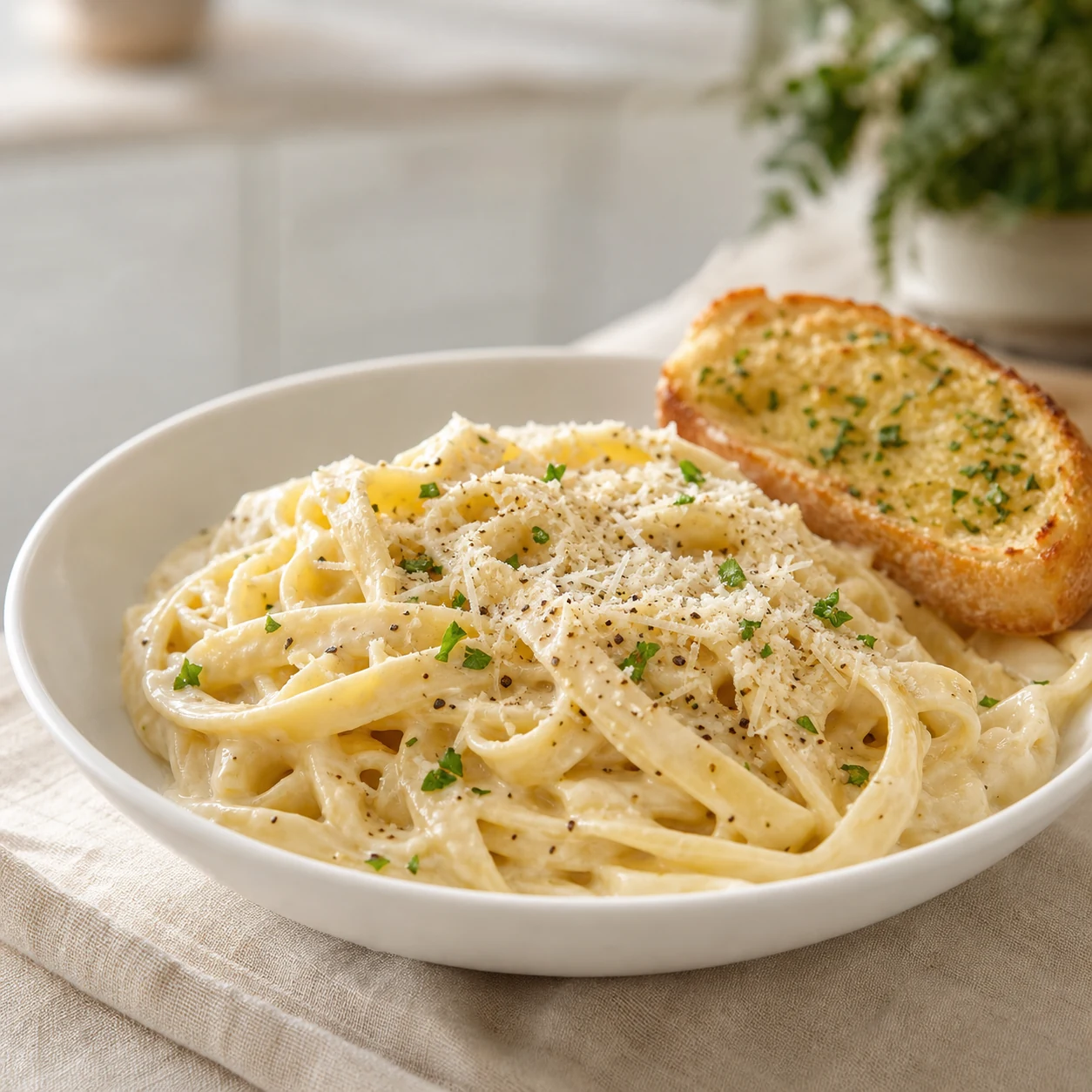 Creamy fettuccine Alfredo in a white pasta bowl with parmesan and garlic bread