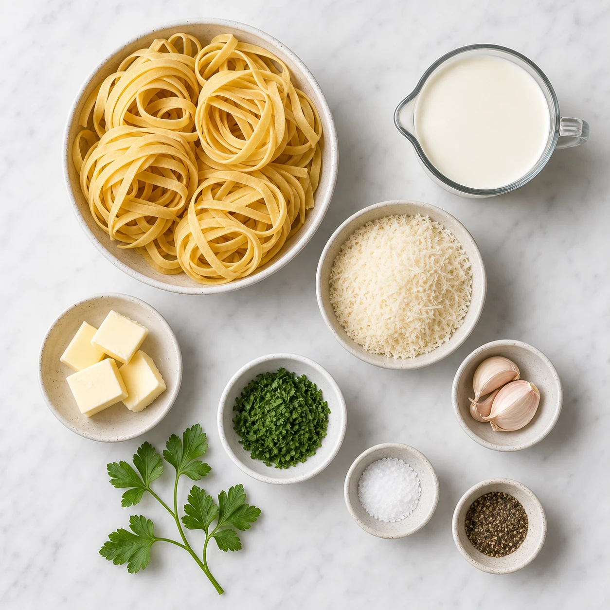 Ingredients for copycat fettuccine Alfredo with pasta cream butter and parmesan
