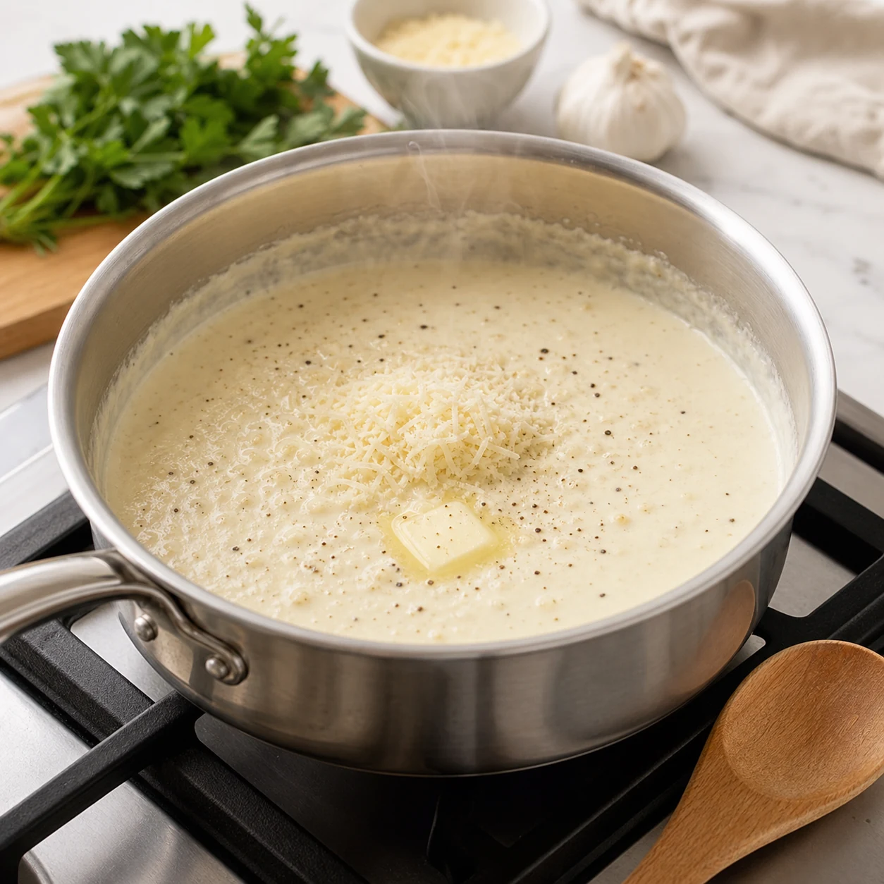 Creamy Alfredo sauce simmering in a saucepan