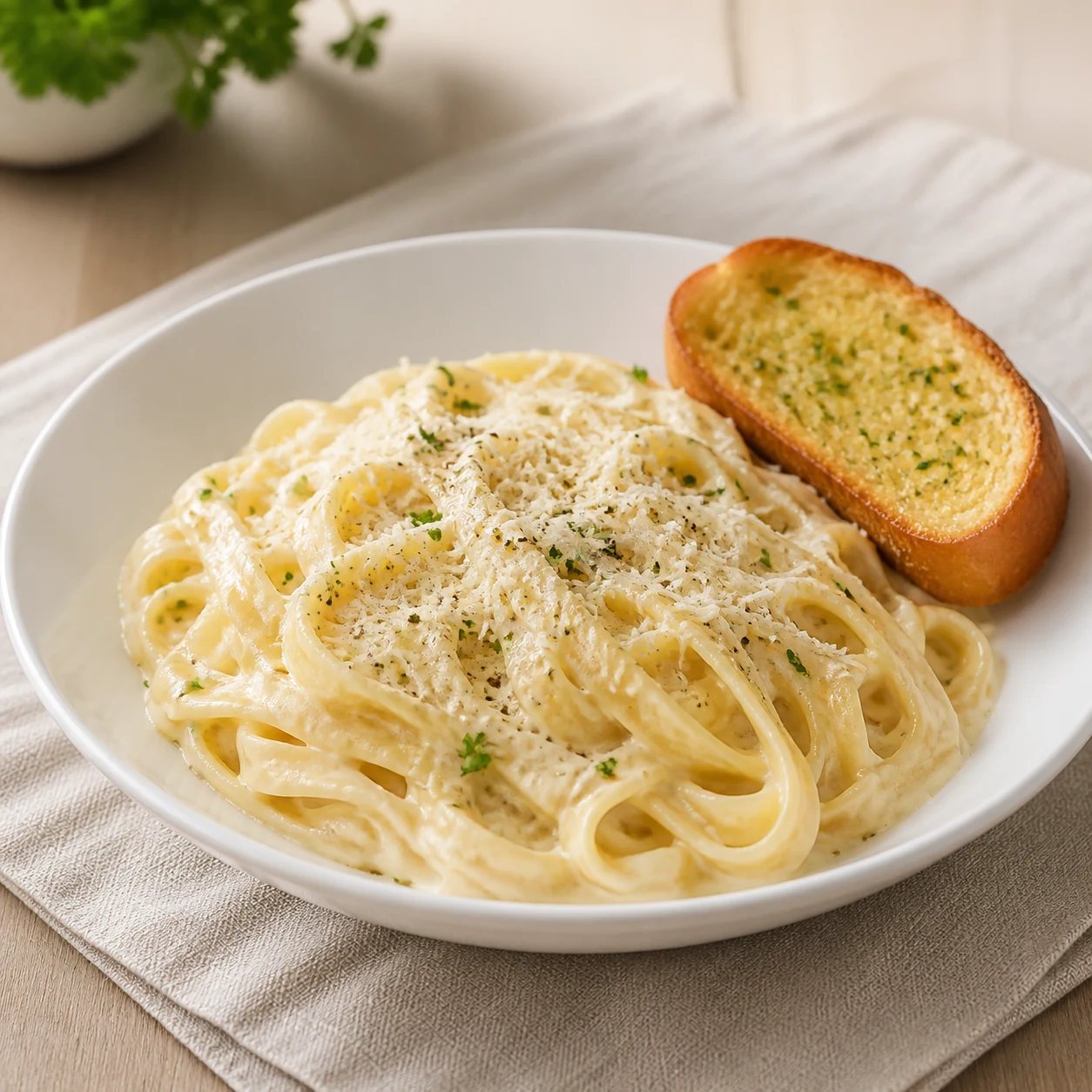 Served fettuccine Alfredo with parmesan parsley and garlic bread