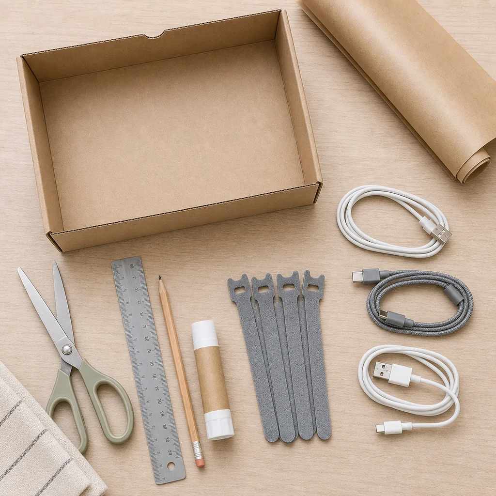 Cardboard box, paper, ruler, scissors, glue, cable ties, and plain cables