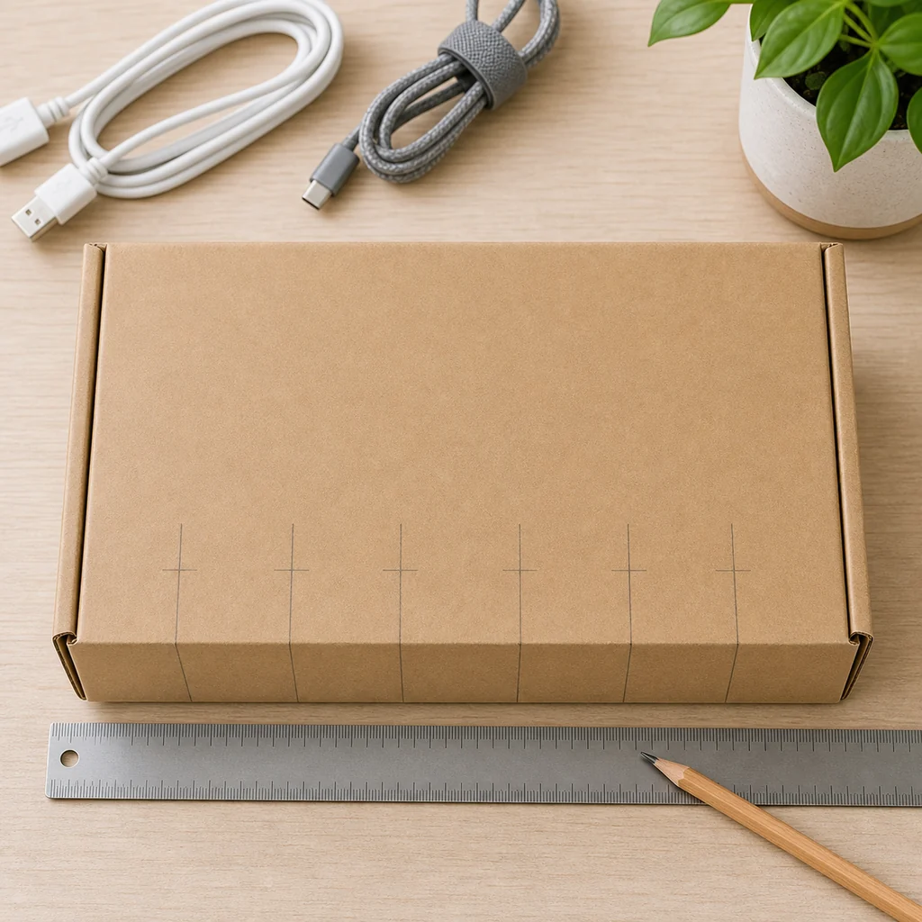 Cardboard box marked for cable slot spacing