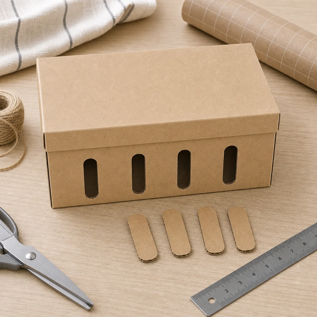 Clean cable slots cut into the front of a cardboard box