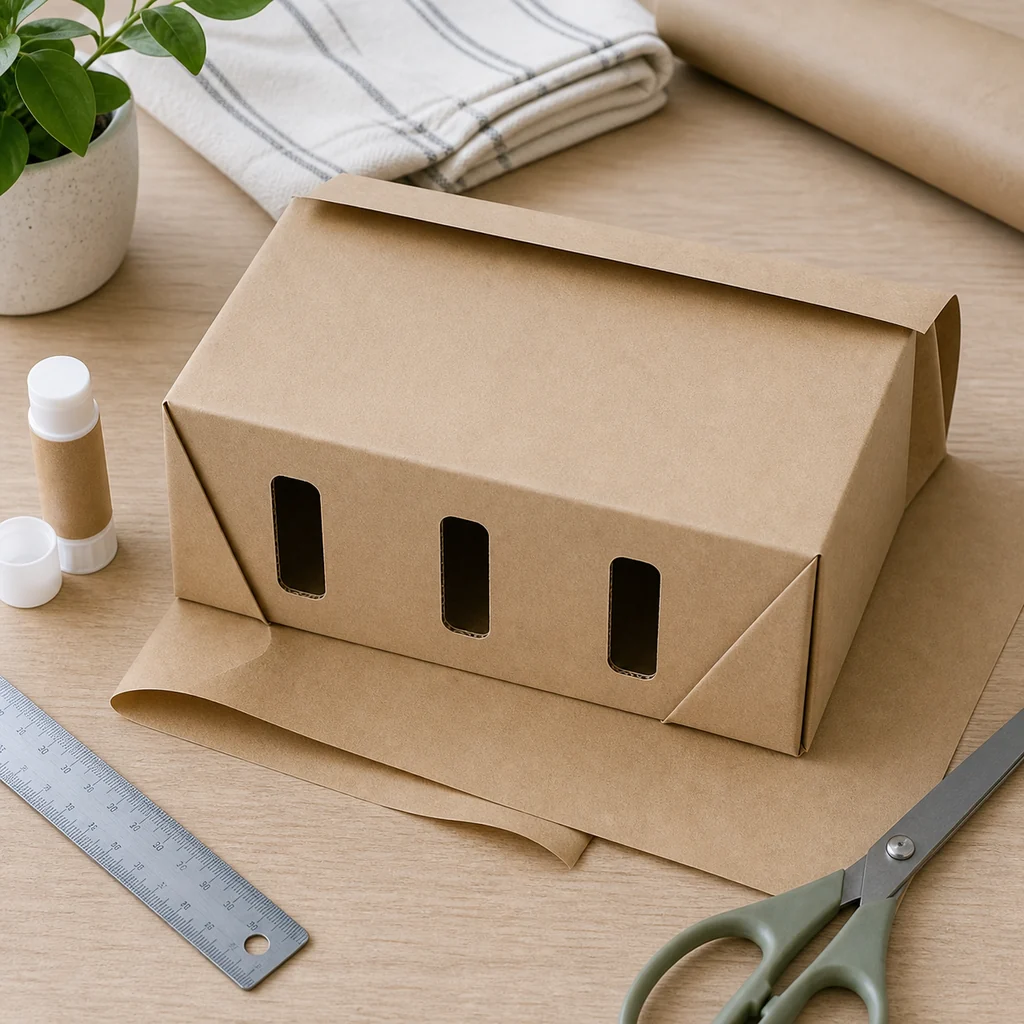Cardboard cord organizer box covered with neutral paper