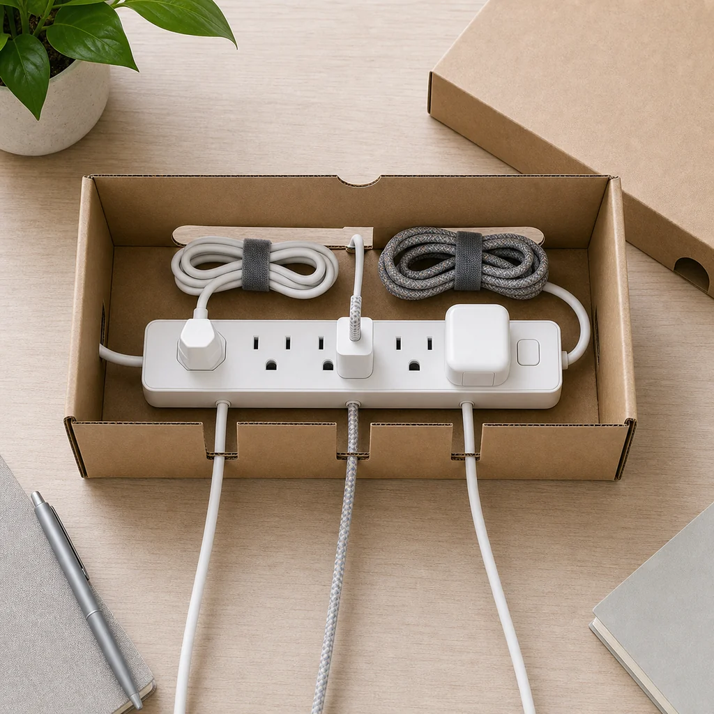 Power strip and extra cable length arranged inside a DIY cord organizer box