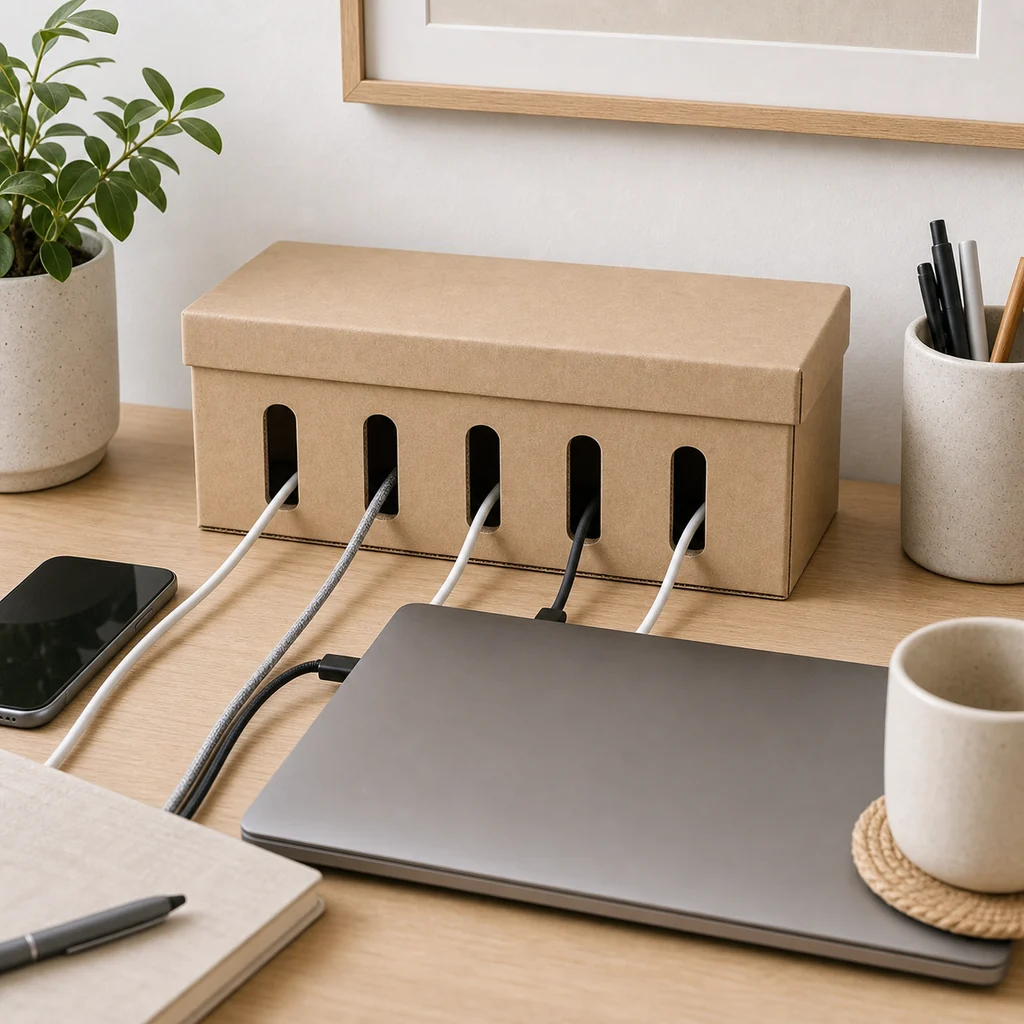Finished cord organizer box on a tidy desk with cables routed through front slots