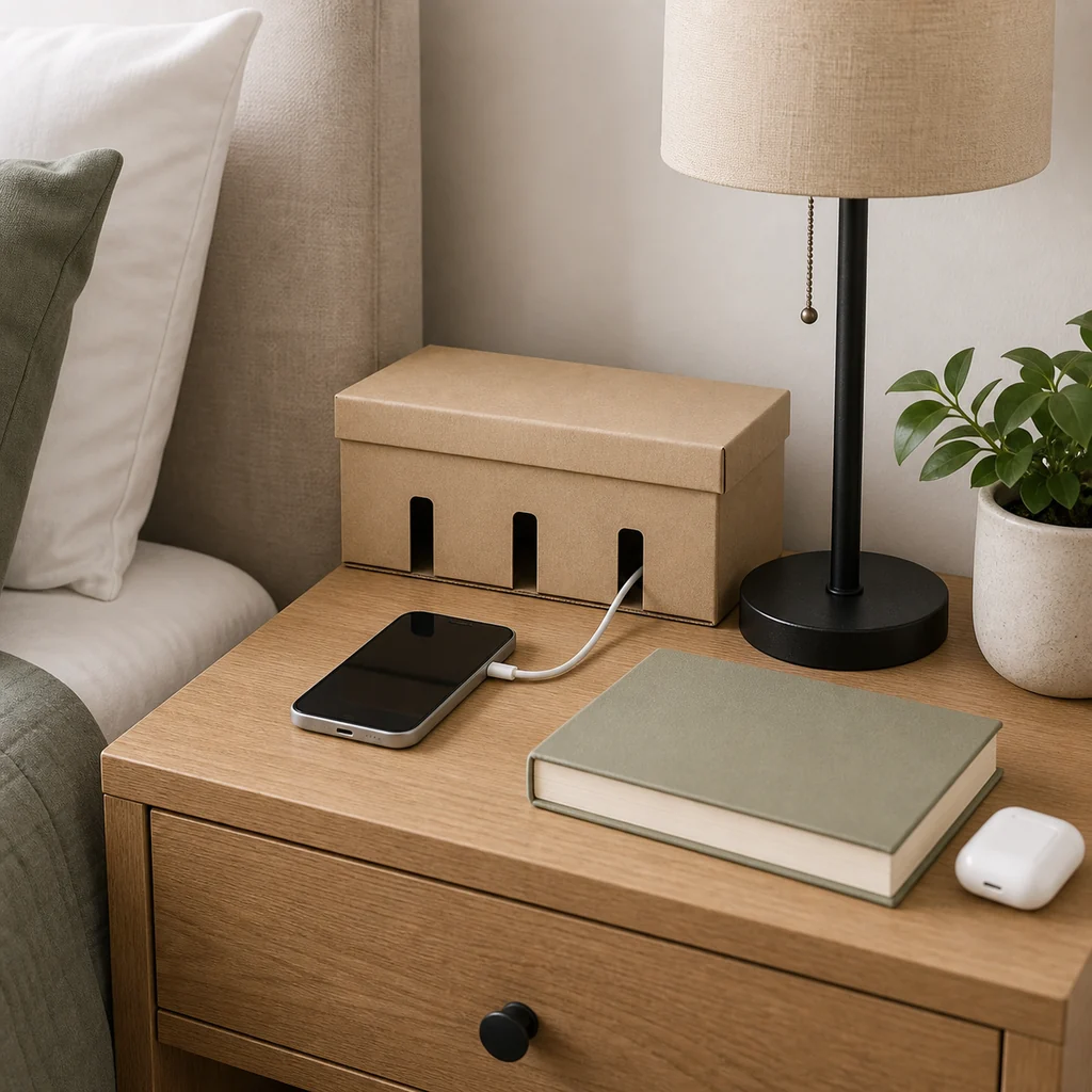 DIY cord organizer box used on a tidy nightstand