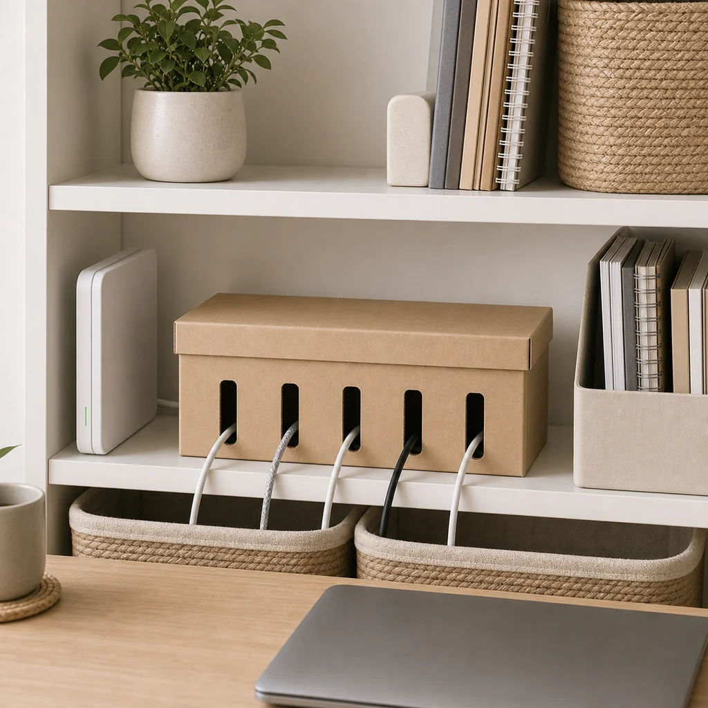 DIY cord organizer box used on a tidy home office shelf