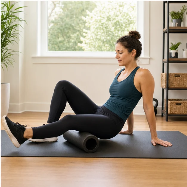 Adult performing controlled foam rolling under one calf