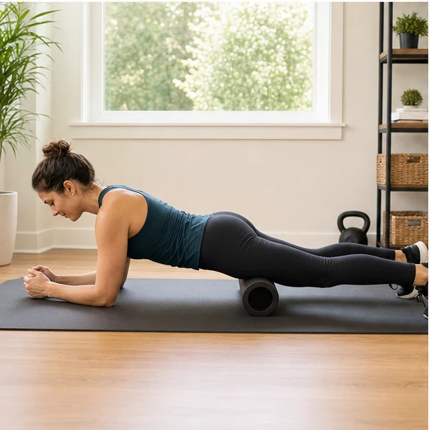 Adult using a foam roller under the middle of the thighs