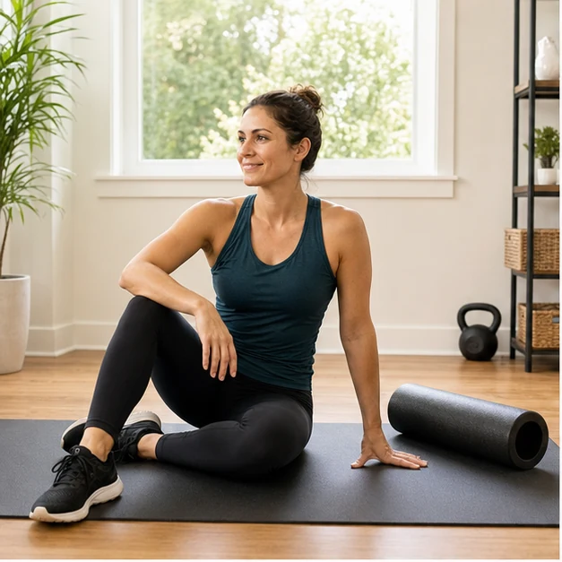 Adult seated on a mat beside a foam roller in a bright home workout room