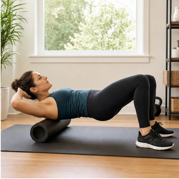 Adult rolling the upper back with the roller below the shoulder blades