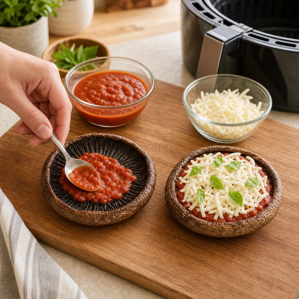 Portobello mushroom caps being topped with marinara and mozzarella