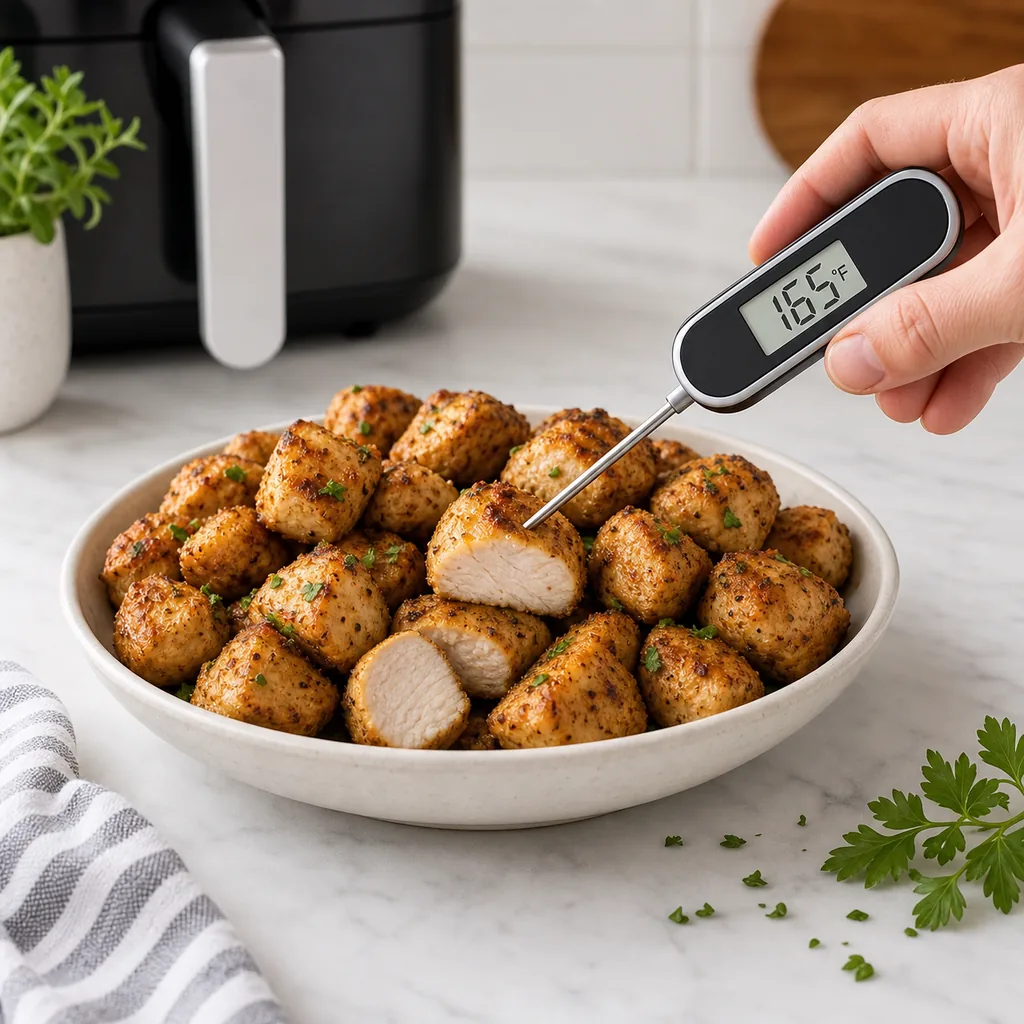 Digital thermometer reading 165°F in the thickest air-fried chicken bite