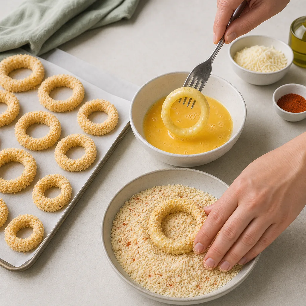 Onion rings moving from egg wash into almond flour coating