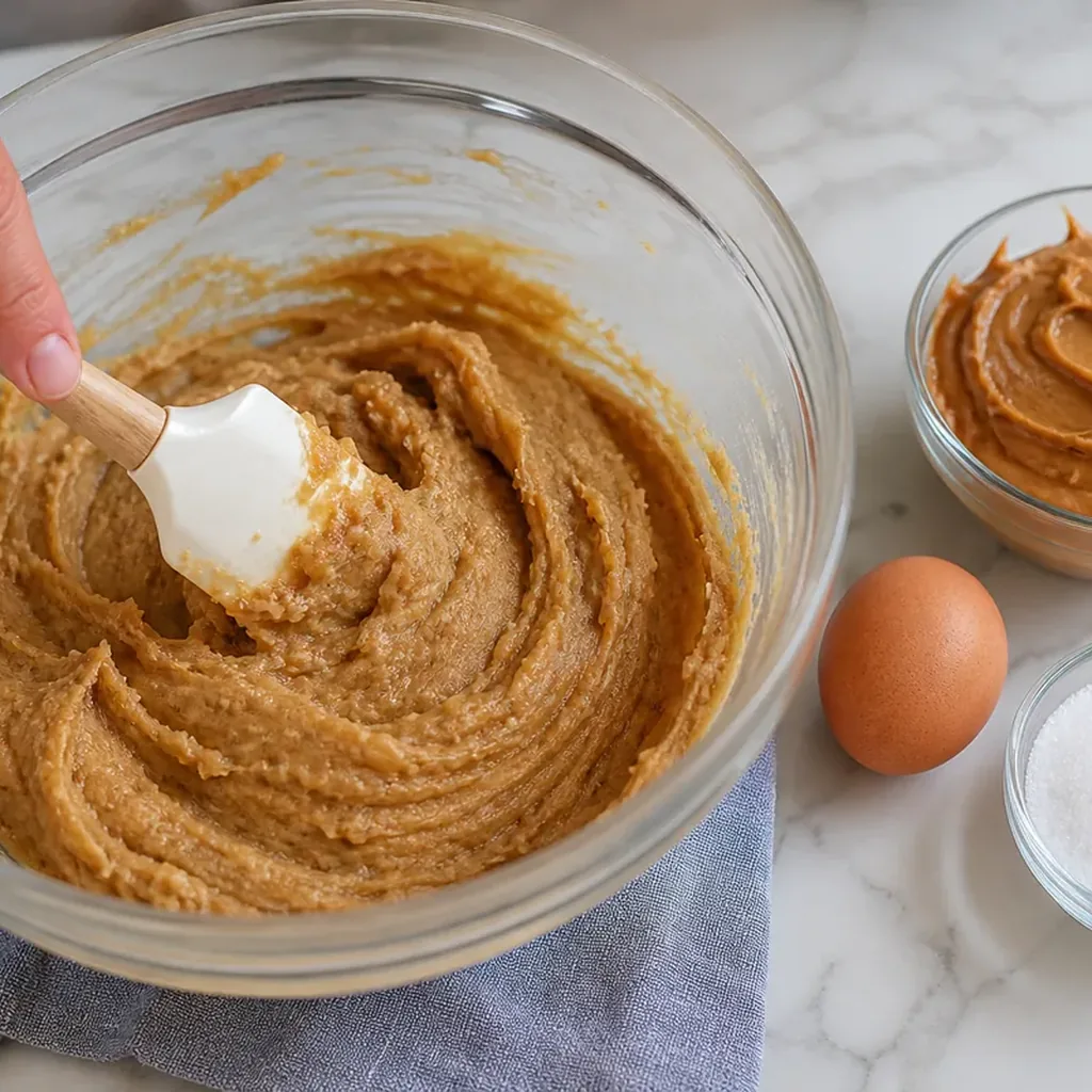 Peanut butter cookie dough being mixed until uniform