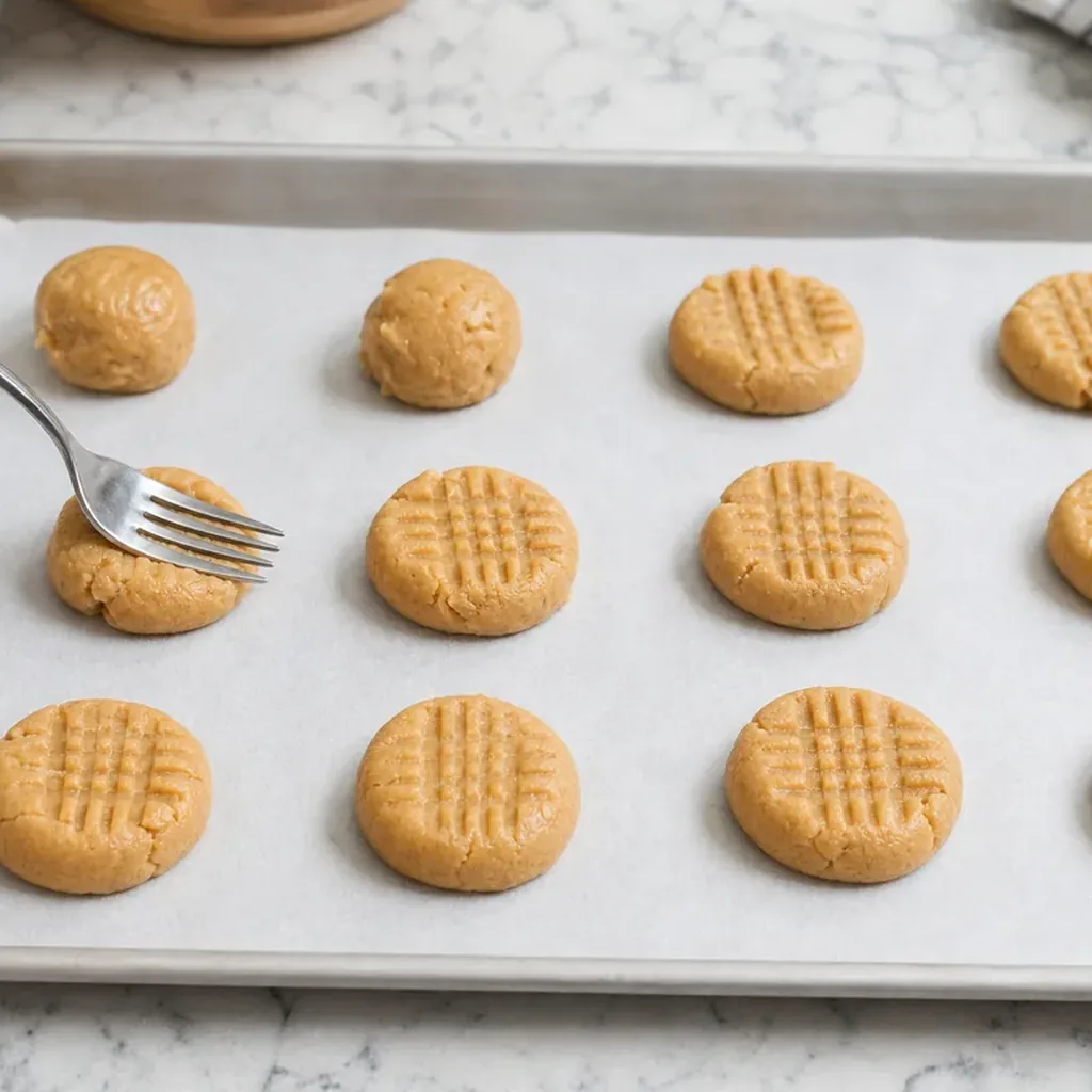 Peanut butter cookie portions flattened with a fork