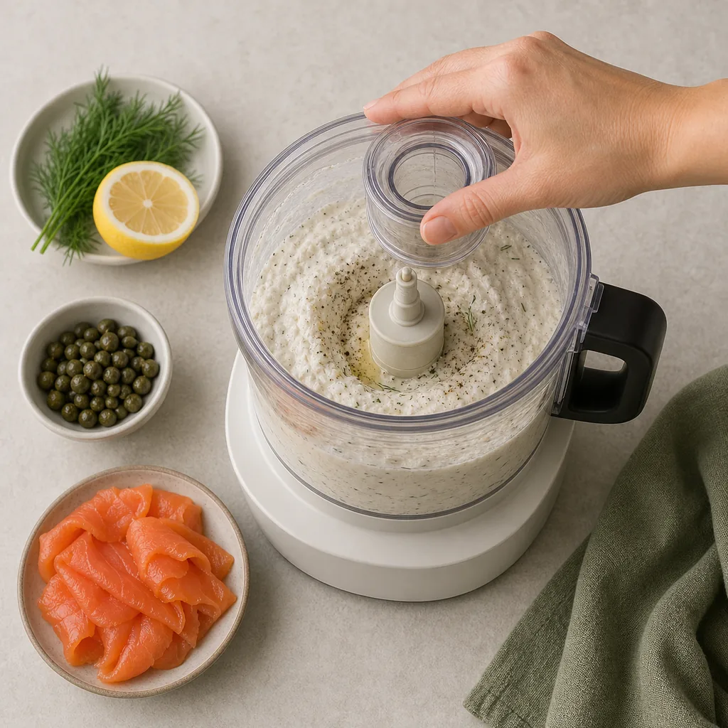 Food processor blending the cottage cheese base for smoked salmon dip
