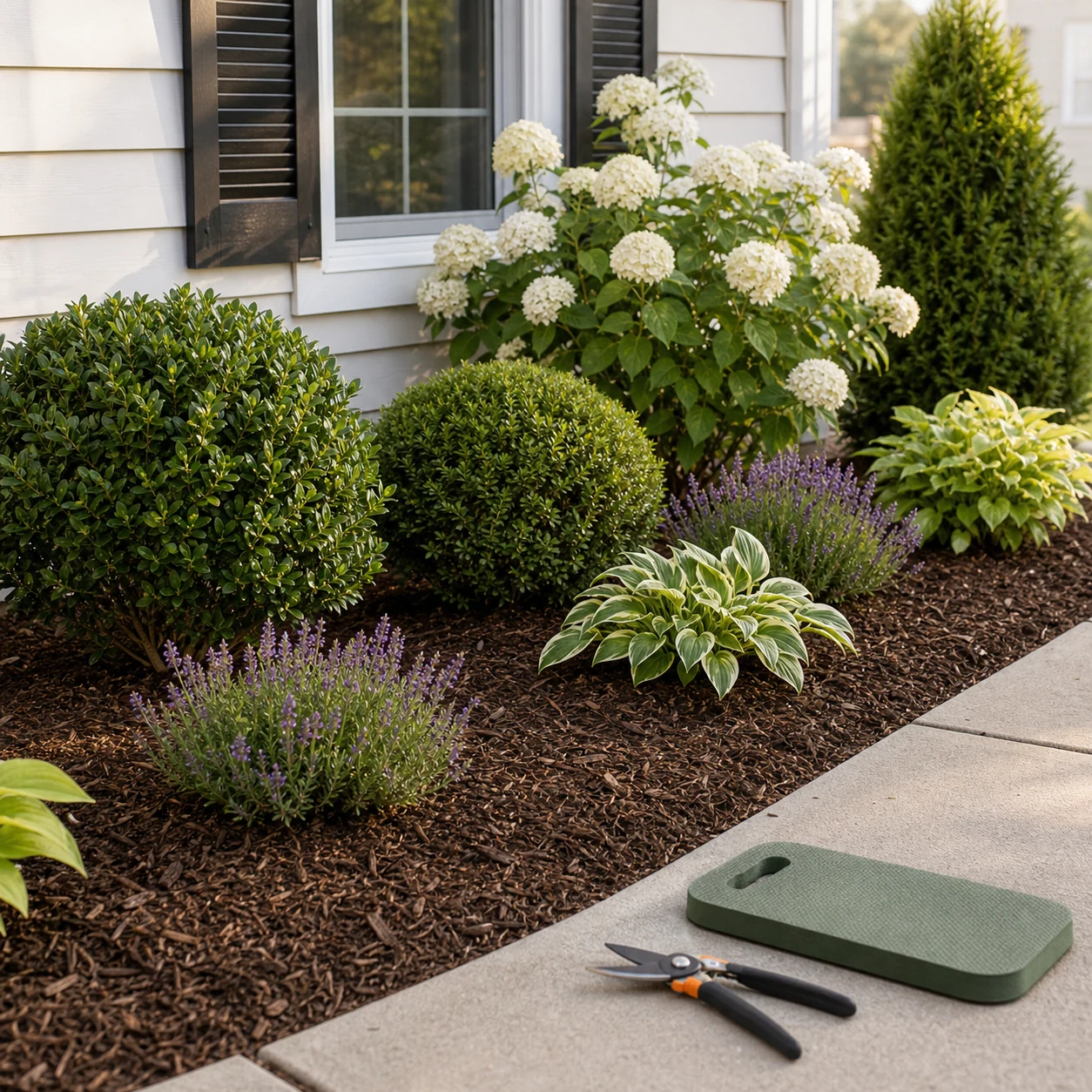 Foundation planting bed with pruned shrubs open spacing fresh mulch and simple garden tools
