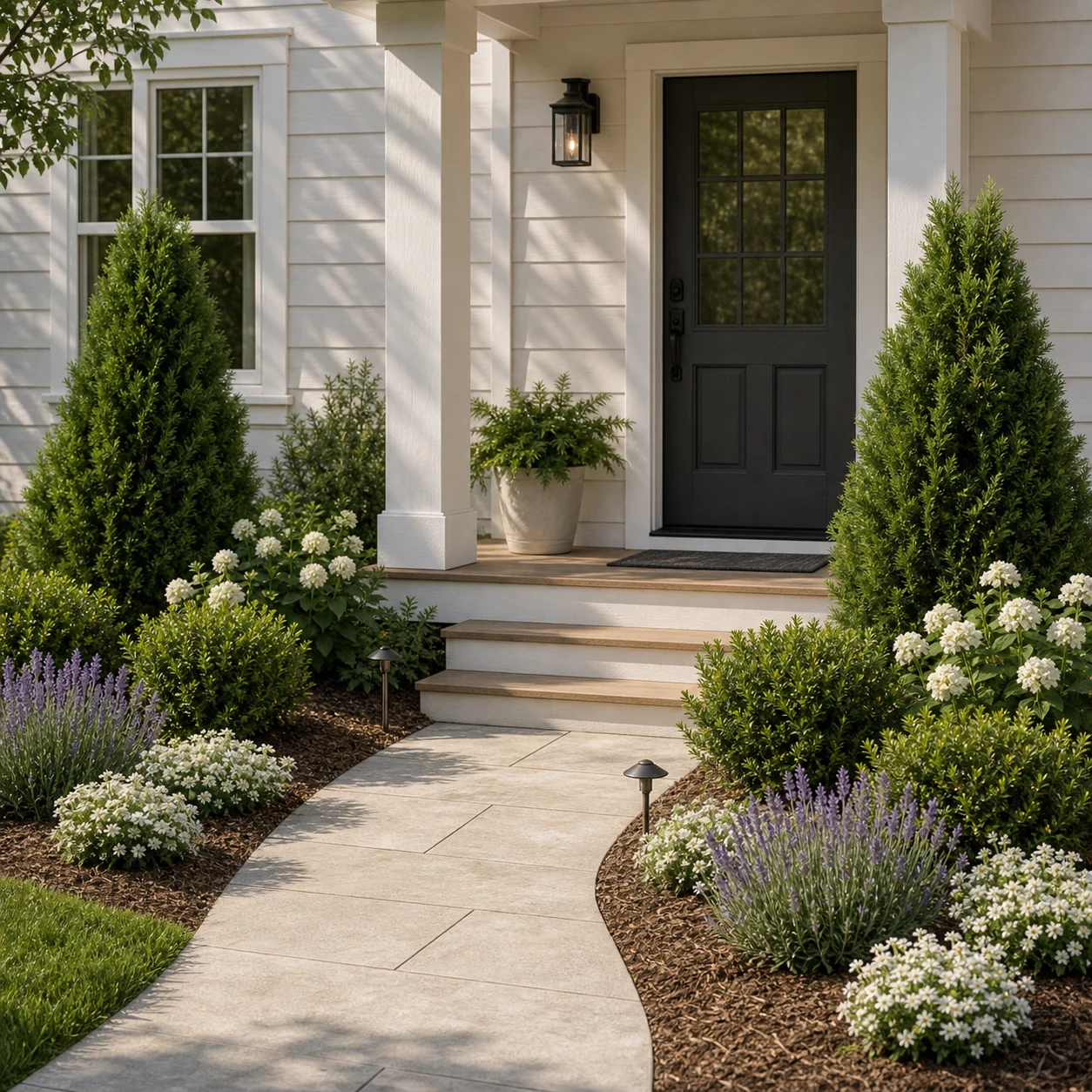 Balanced front entry foundation plants beside a walkway and porch