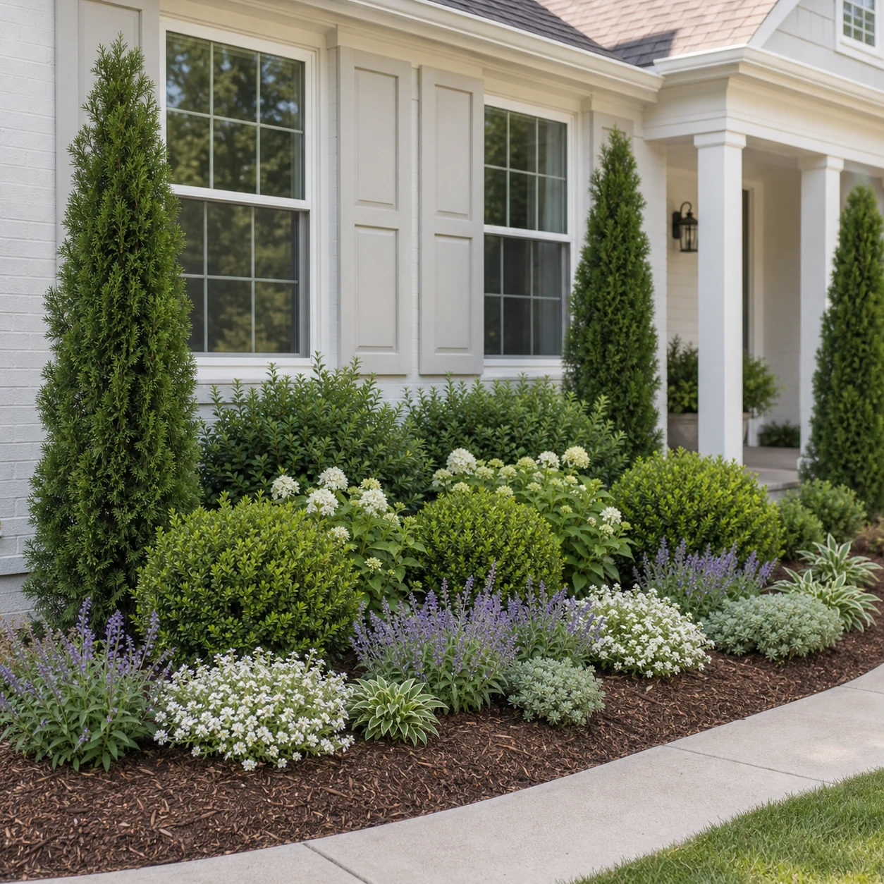 Layered front yard foundation plants with evergreen shrubs flowers mulch and walkway