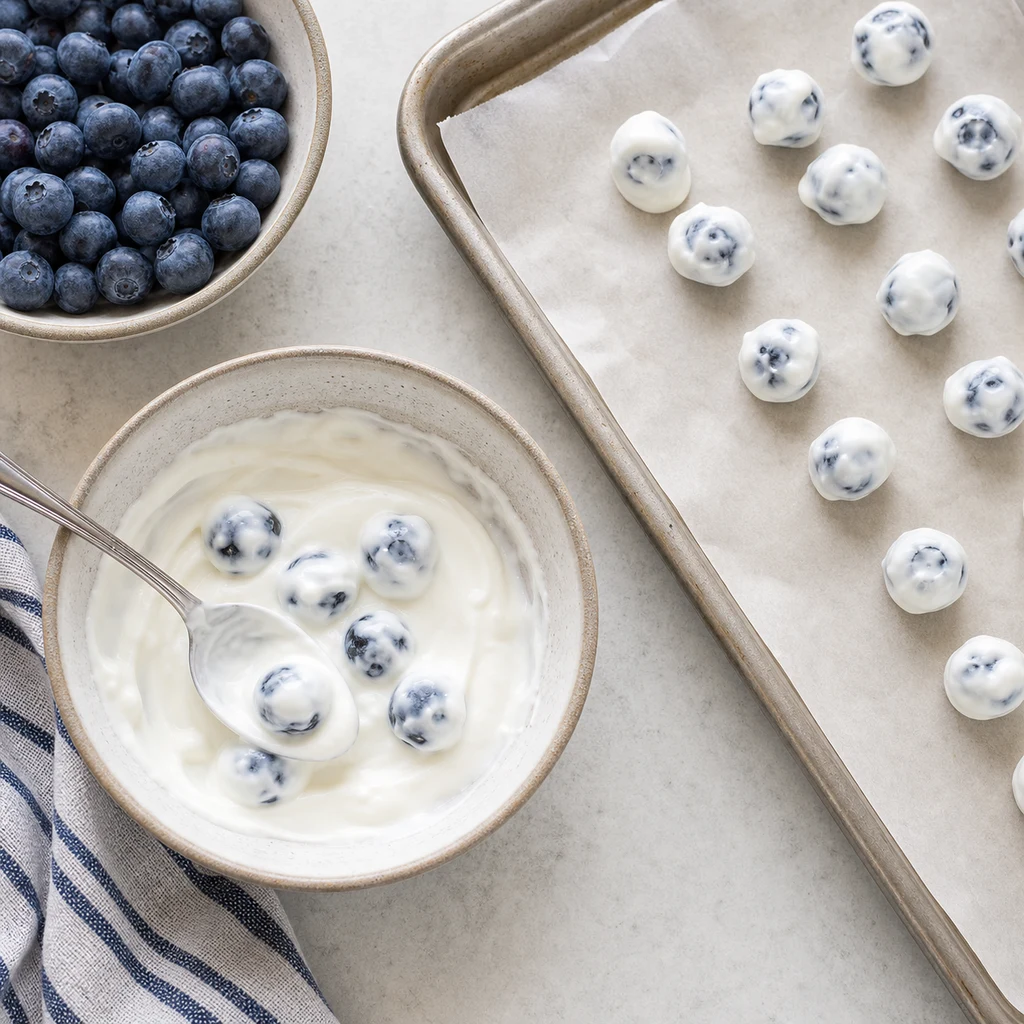 Blueberries being coated in Greek yogurt and placed on a parchment-lined baking sheet with space between each berry