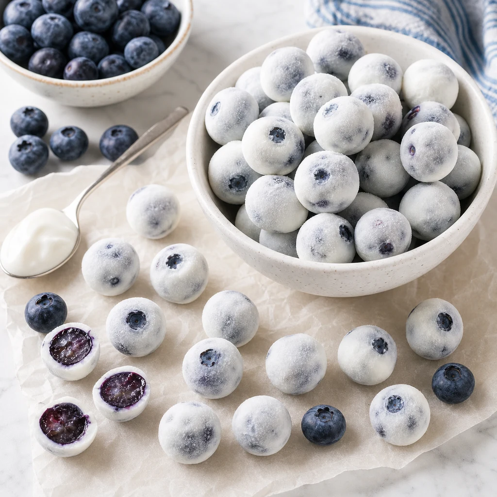 Frozen Greek yogurt-covered blueberries in a white bowl with frosty yogurt coating, fresh blueberries, and parchment paper