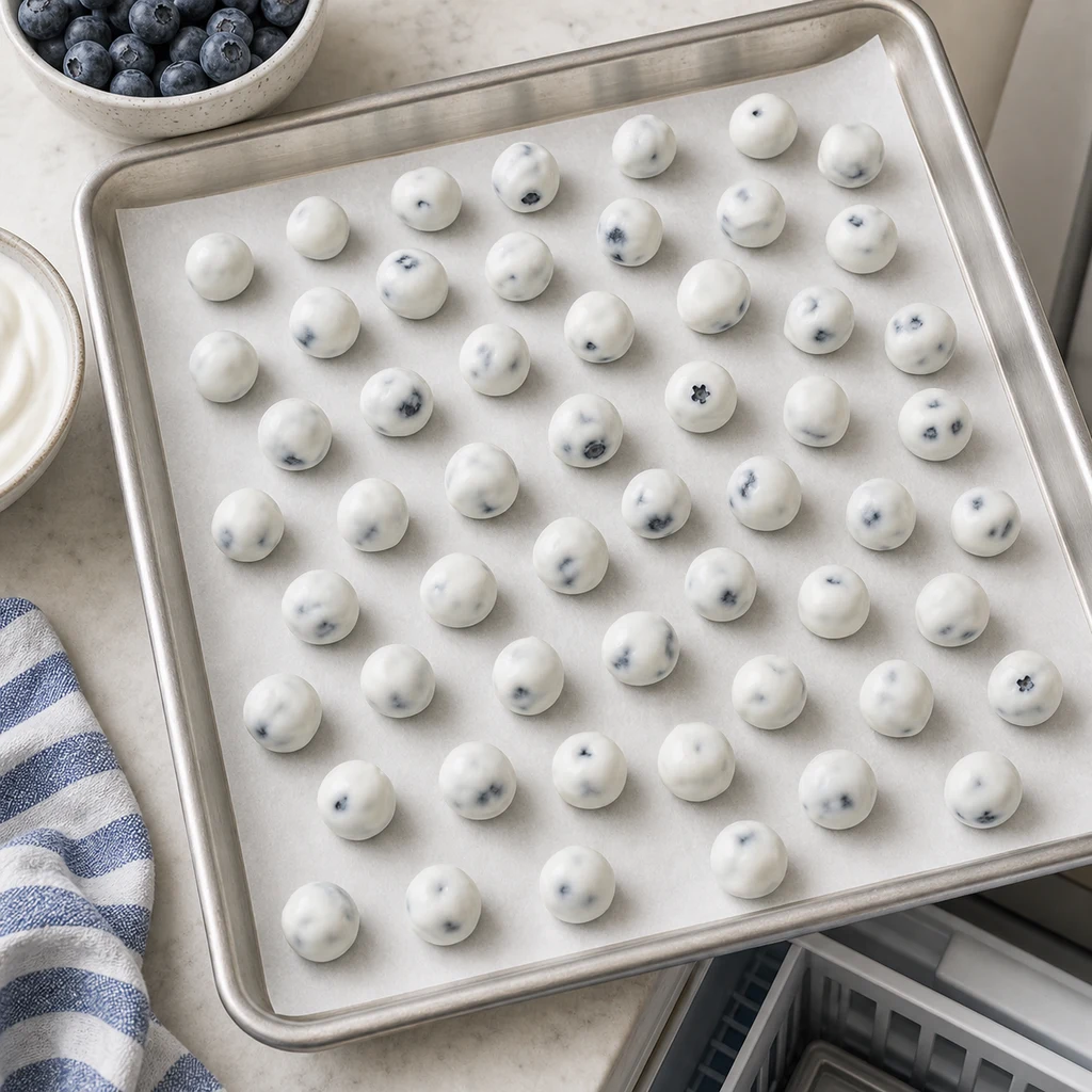 Rows of Greek yogurt-covered blueberries spaced on a parchment-lined tray before freezing