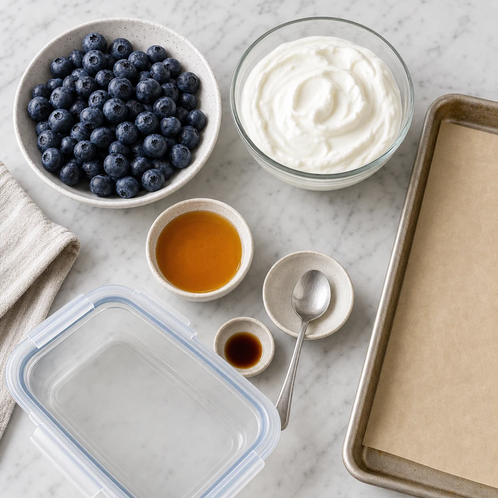 Ingredients for Frozen Greek Yogurt-Covered Blueberries including blueberries, Greek yogurt, honey, vanilla, parchment paper, baking sheet, and storage container