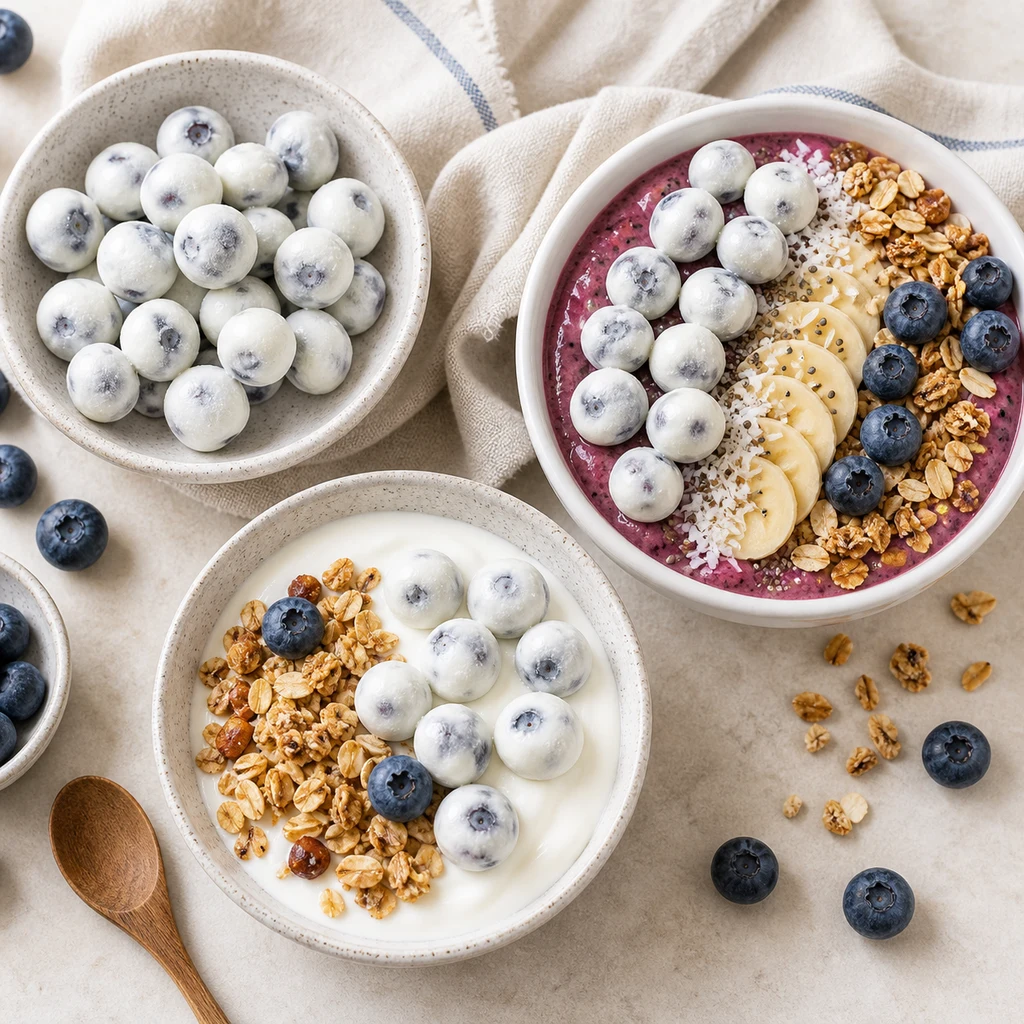 Frozen Greek yogurt-covered blueberries served in snack bowls, over yogurt, and on a smoothie bowl with granola