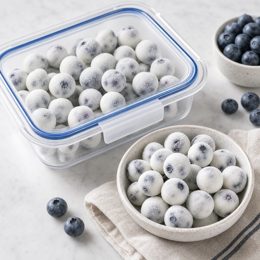 Frozen Greek yogurt-covered blueberries in a freezer-safe container and serving bowl