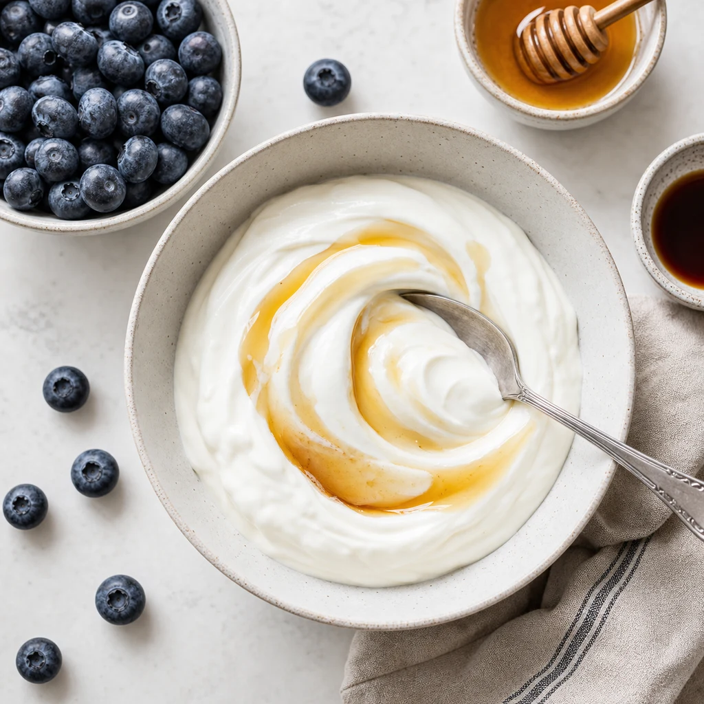 Thick Greek yogurt being mixed with honey and vanilla for coating blueberries