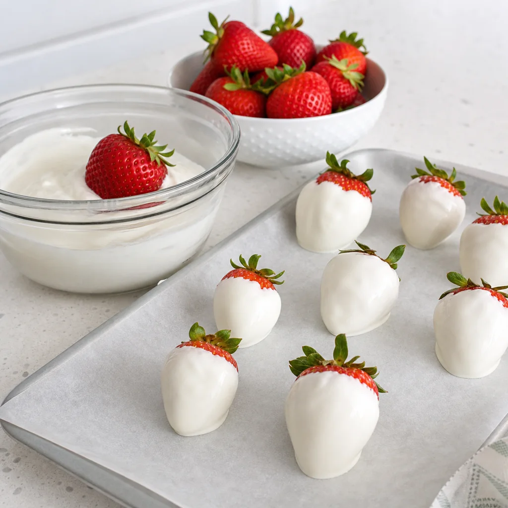 Strawberries coated in Greek yogurt on a parchment lined tray