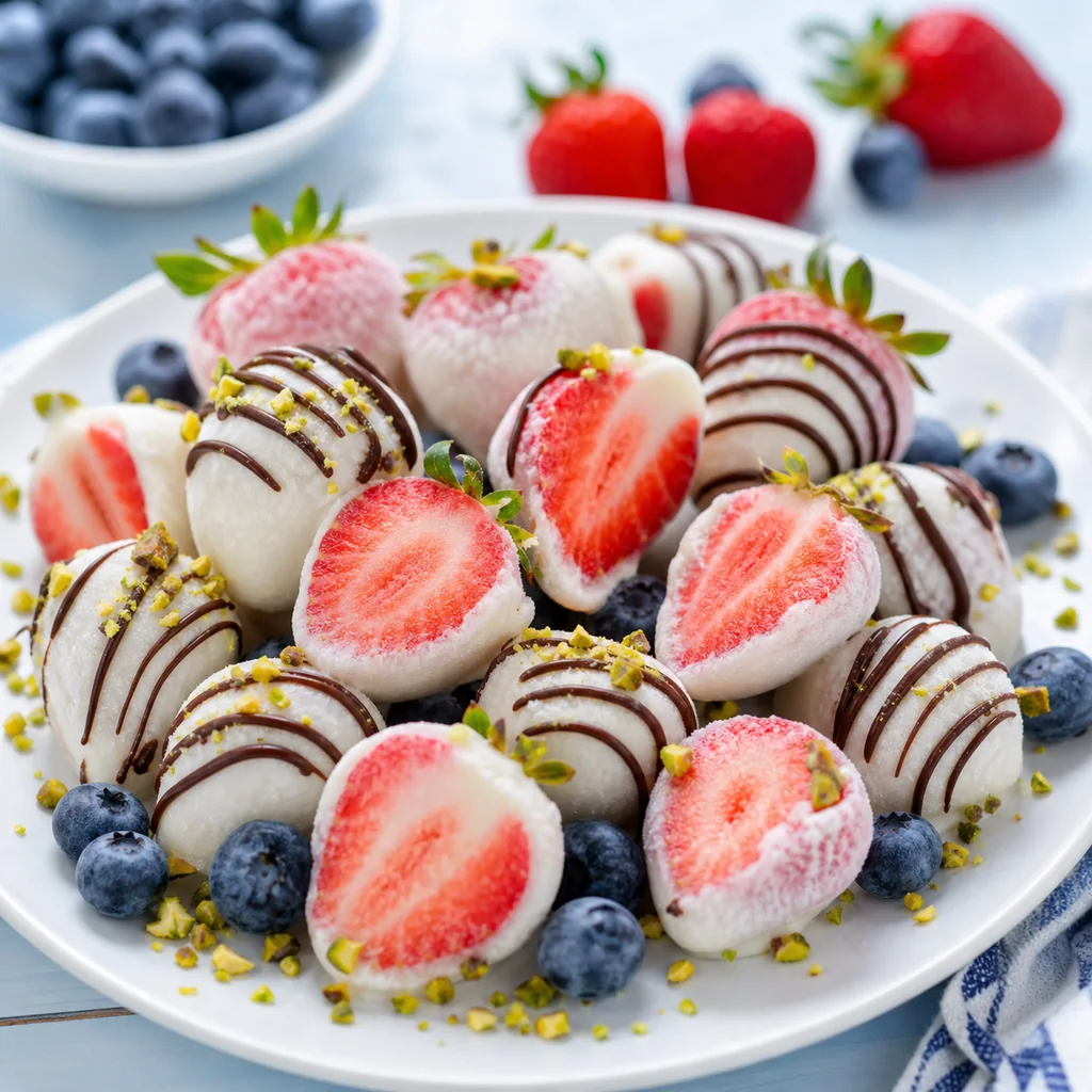 Frozen yogurt strawberries served with blueberries chocolate and pistachios