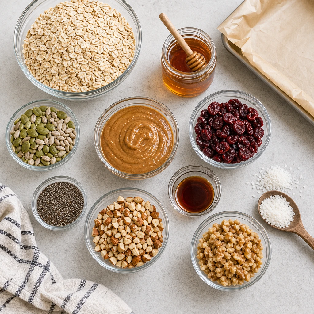 Ingredients for homemade granola bars including oats, nut butter, honey, nuts, seeds, dried cranberries, and a parchment-lined pan