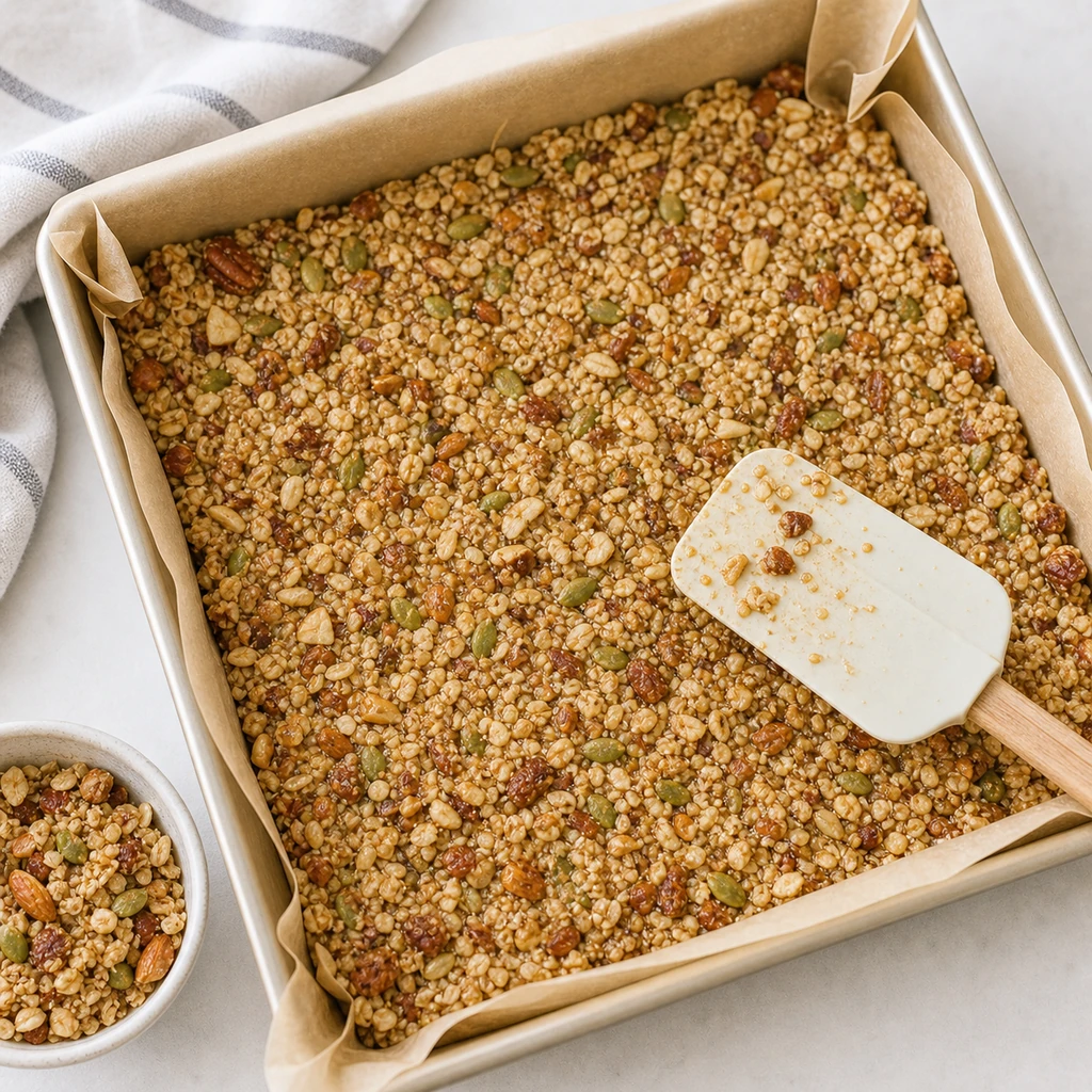 Granola bar mixture pressed evenly into a parchment-lined pan before chilling